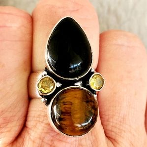 New Amazing Oversized Black Onyx, Tiger Eye, Citrine 925 Silver Ring.